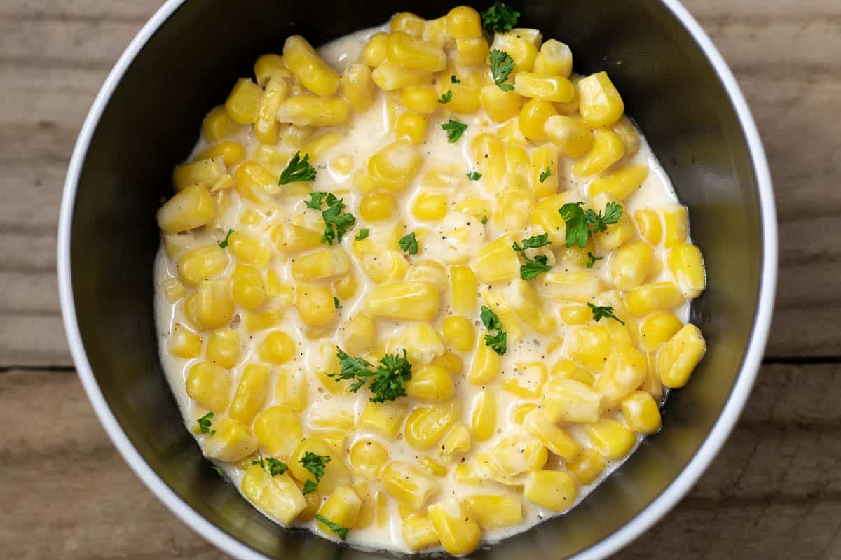 top down view of Creamed Style Corn in a bowl.