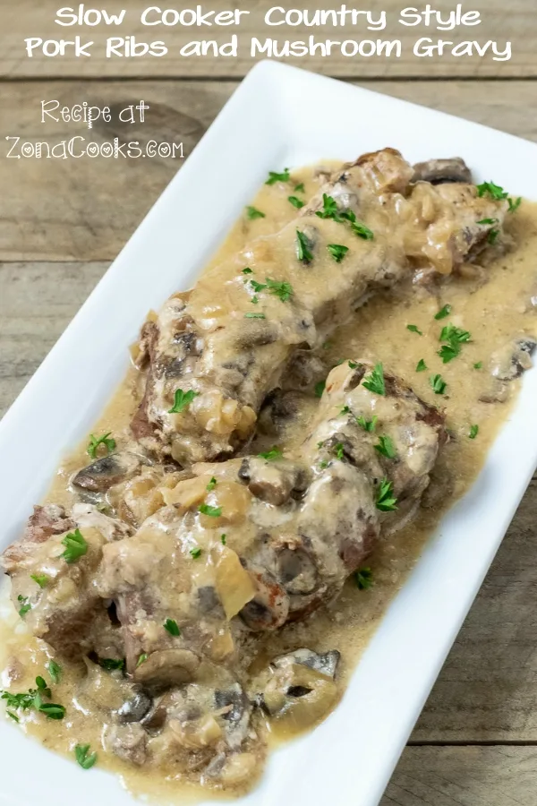 a graphic of Slow Cooker Country Style Pork Ribs and Mushroom Gravy on a platter top down view