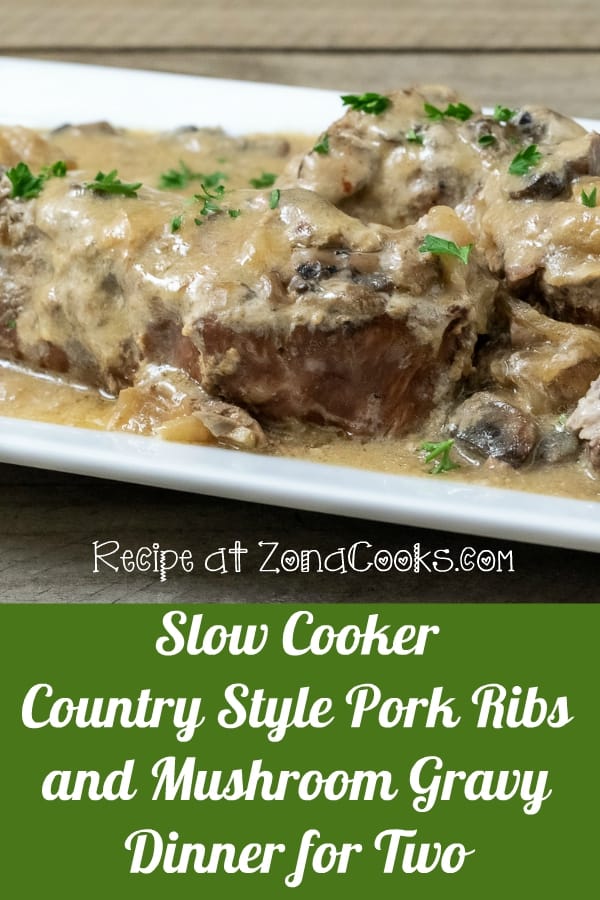 a graphic of Slow Cooker Country Style Pork Ribs and Mushroom Gravy front view up close