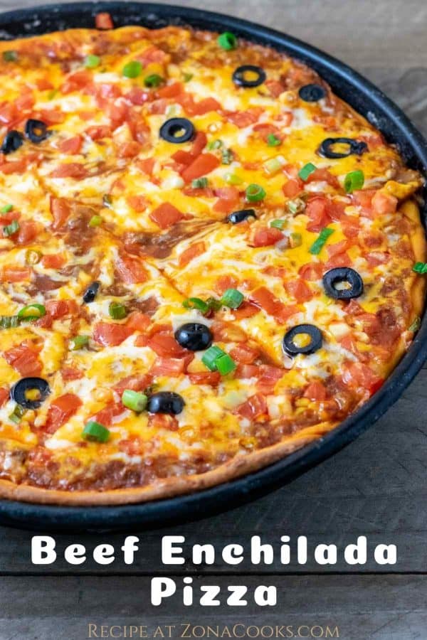 a graphic of Best Beef Enchilada Pizza top down view.