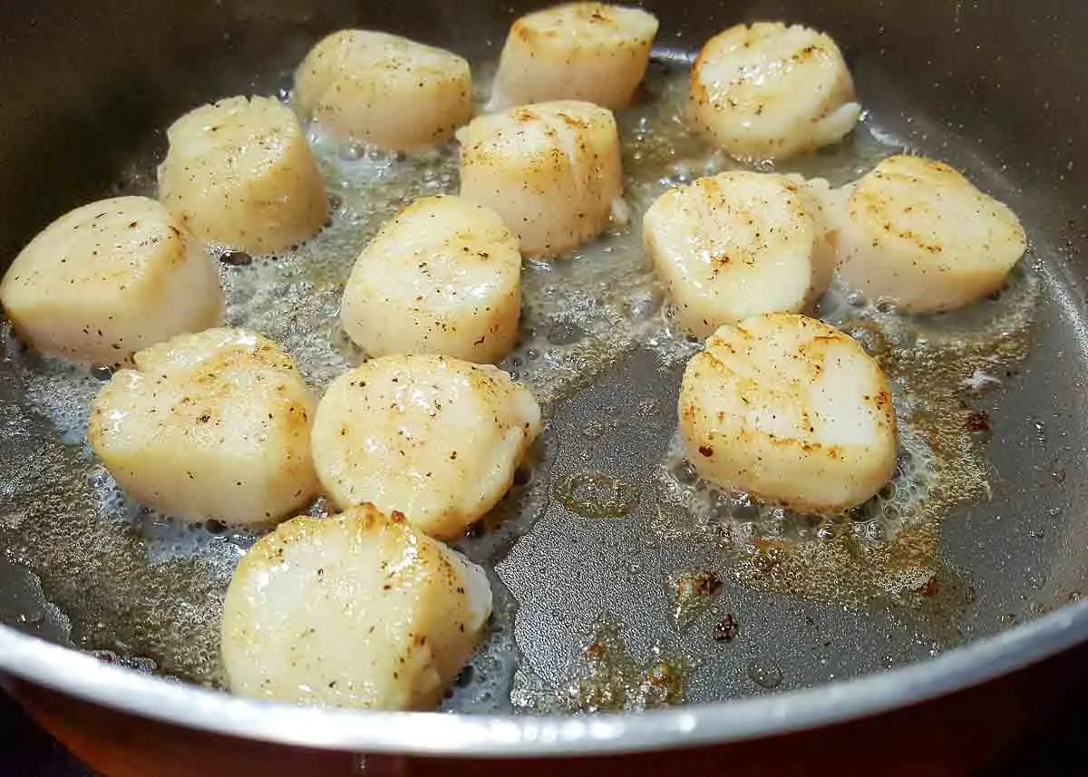 seared scallops cooking in a pan.
