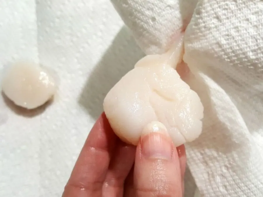 a hand pulling the muscle off of a scallop with paper towel