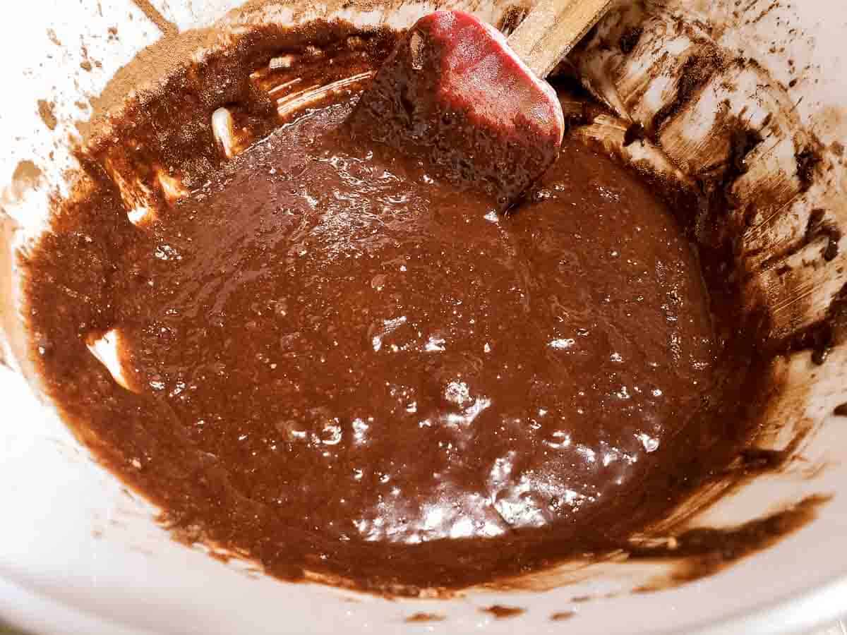 fudgy brownie batter mixed in a bowl.