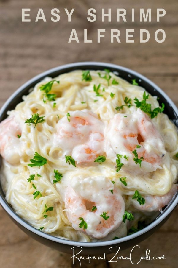 a graphic of easy shrimp alfredo close up top down view