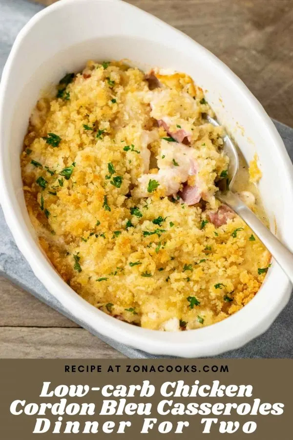 a graphic of Low-carb Chicken Cordon Bleu Casseroles Dinner For Two top down view.