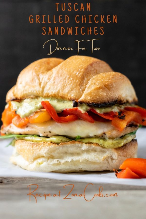 a graphic of Tuscan Grilled Chicken Sandwiches Dinner For Two with up close front view of sandwich.