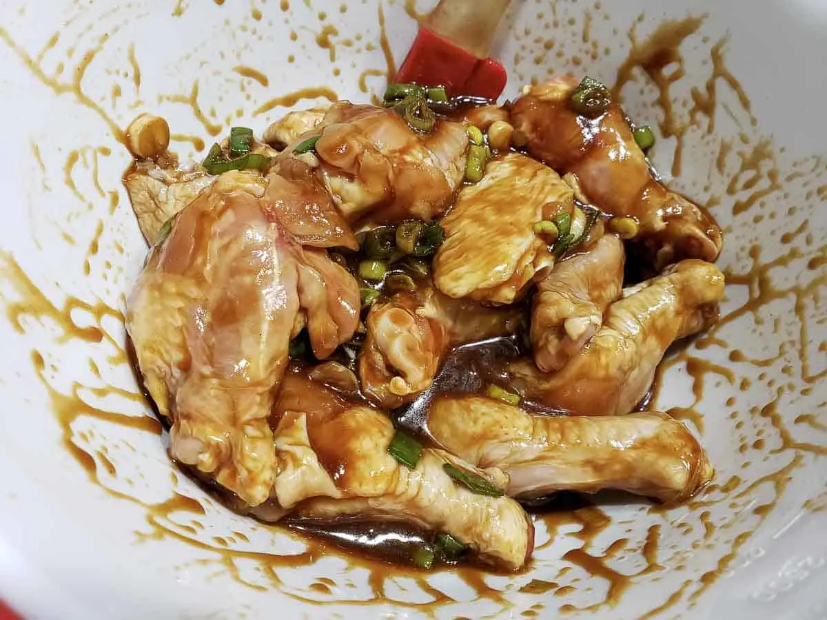 chicken mixed in sticky sauce.