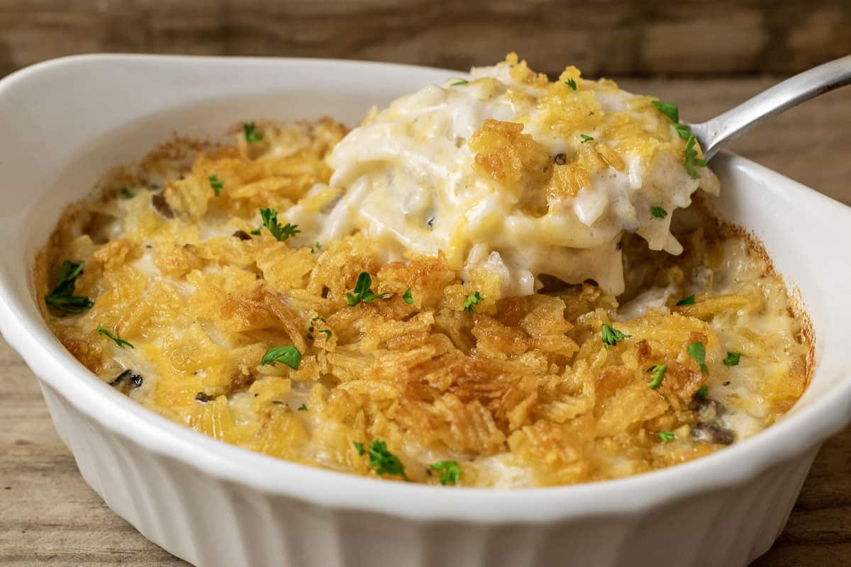 a close up of small hashbrown casserole for two.