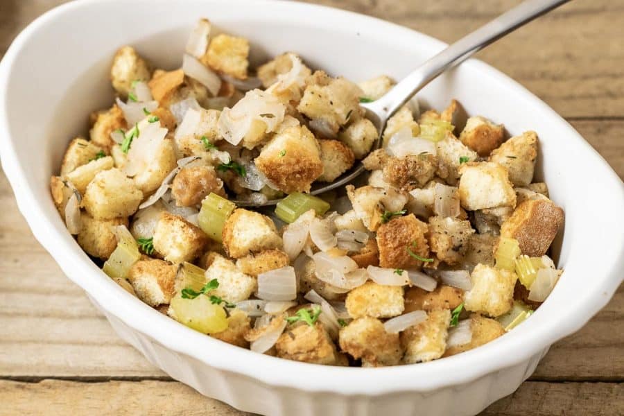 American Stuffing from scratch in a dish.