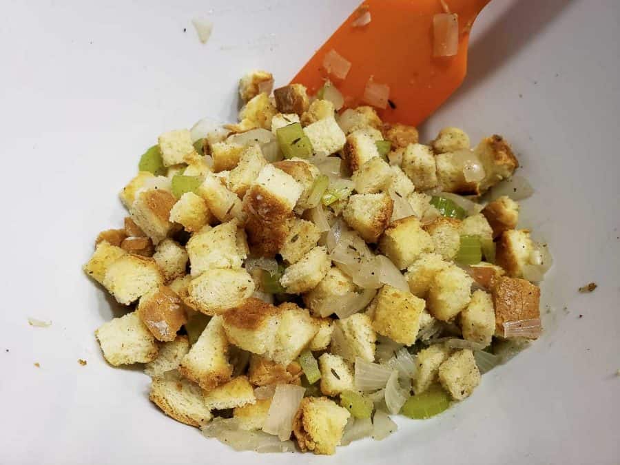 stuffing from scratch mixed in a bowl.