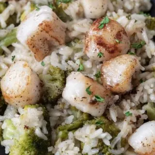 close up view of Scallops with Rice and Broccoli with parmesan cheese and brown butter drizzle on a plate