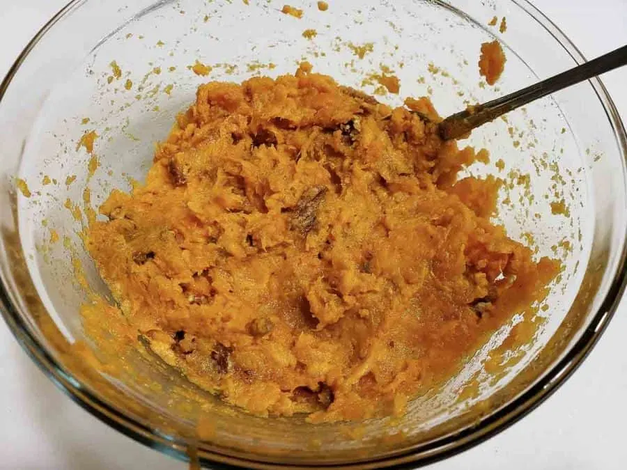 brown sugar and butter pecan streusel mixed into sweet potato flesh.