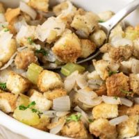 American Stuffing from scratch in a dish.