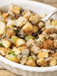 American Stuffing from scratch in a dish.