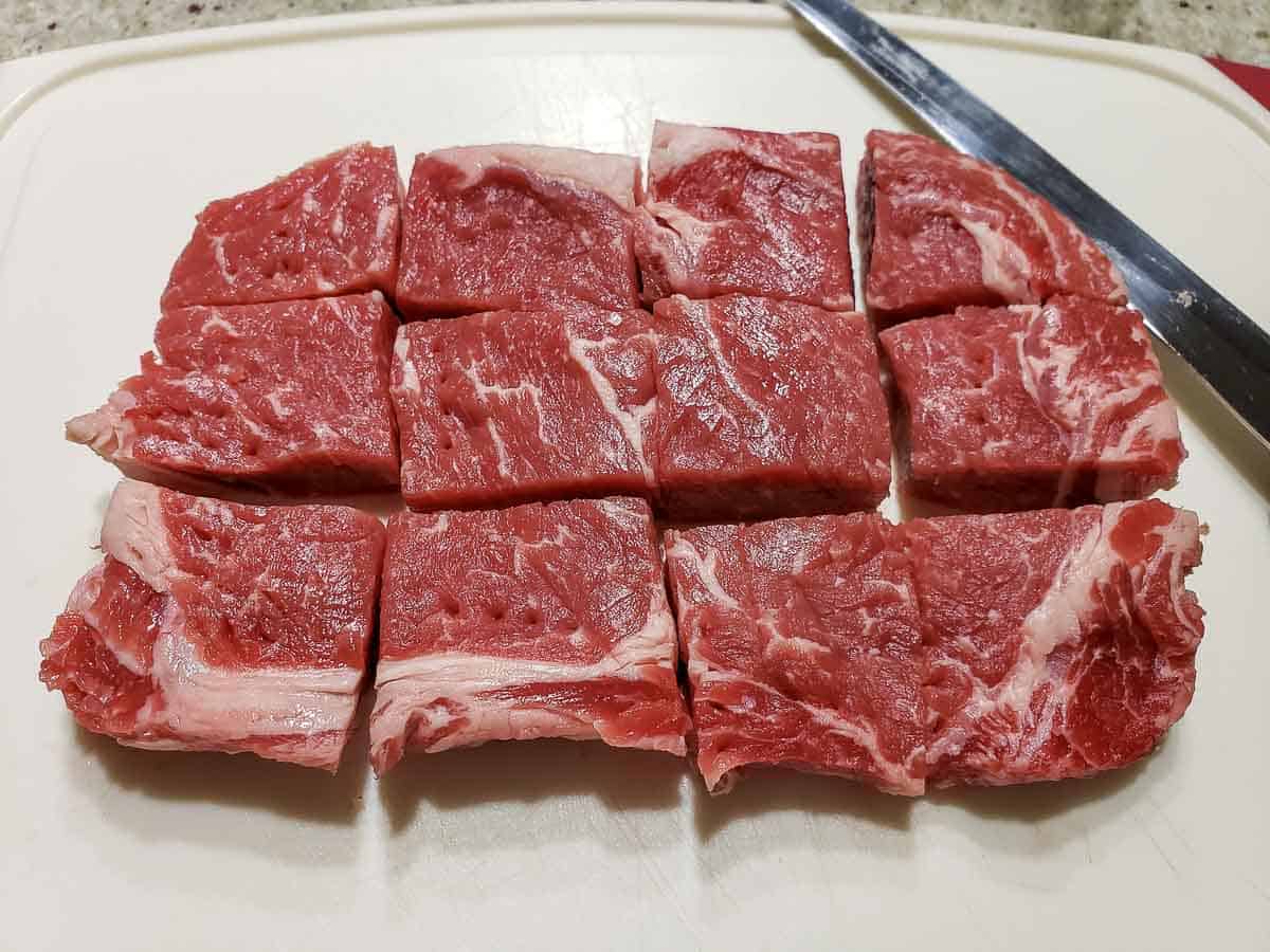ribeye steak cut into 12 cubes