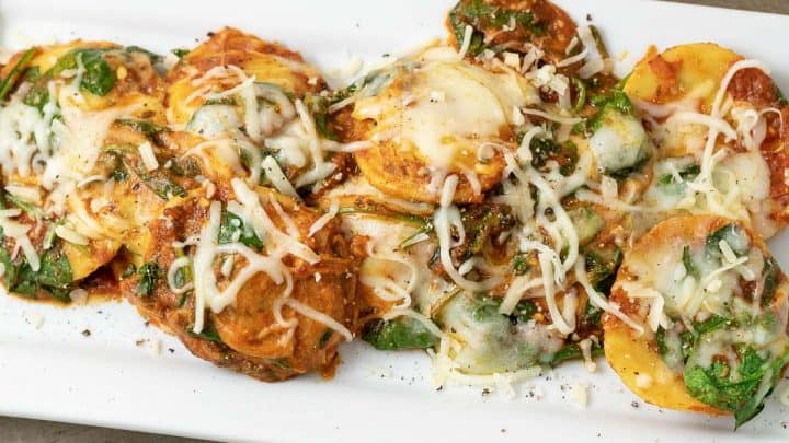 Easy Spinach and Cheese Ravioli on a white platter