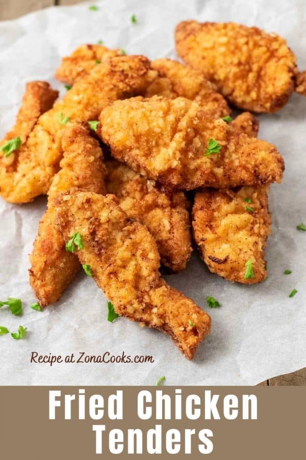 a graphic of easy fried chicken tenders on parchment paper
