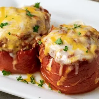 2 Slow Cooker Stuffed Peppers on a serving plate