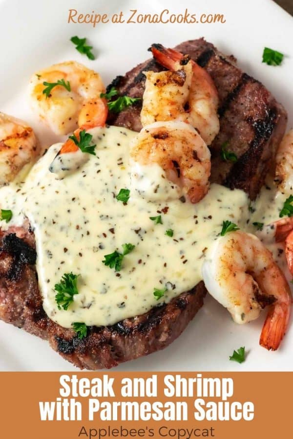 a graphic of Steak and Shrimp Parmesan for Two Applebee's Copycat surf and turf
