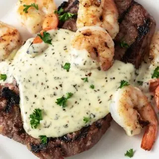 Applebee's Copycat Shrimp and Parmesan Steak on a plate.