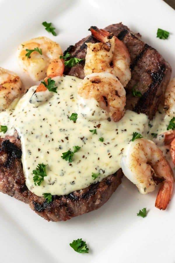 Steak and Shrimp Parmesan for Two Applebee's Copycat surf and turf on a plate