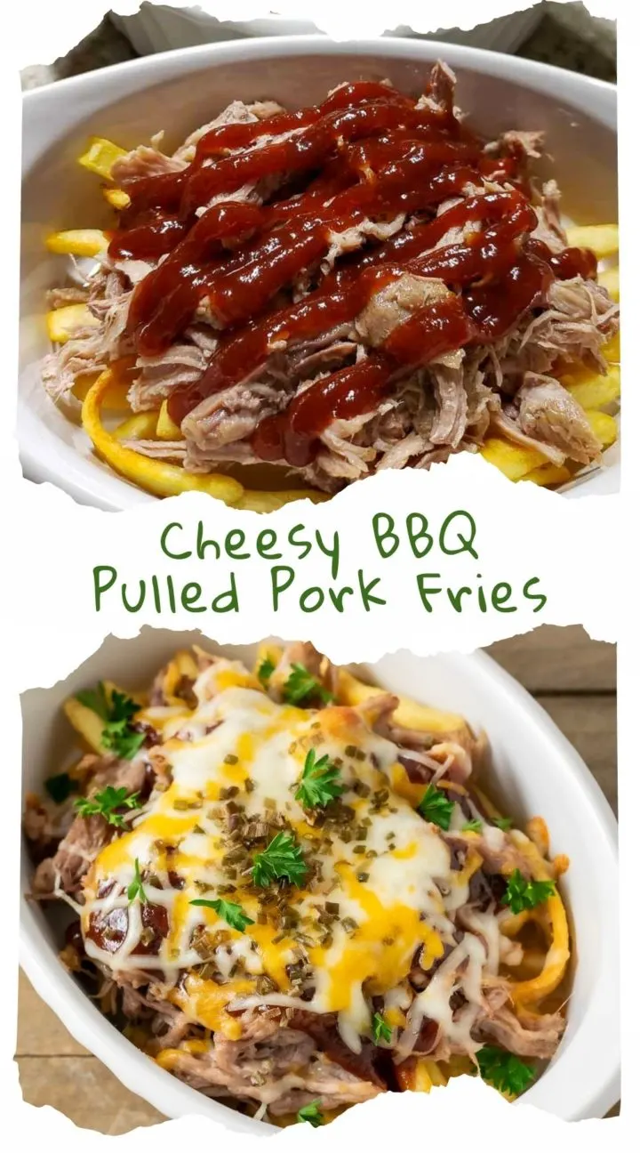 cheesy bbq pulled pork fries in a baking dish.