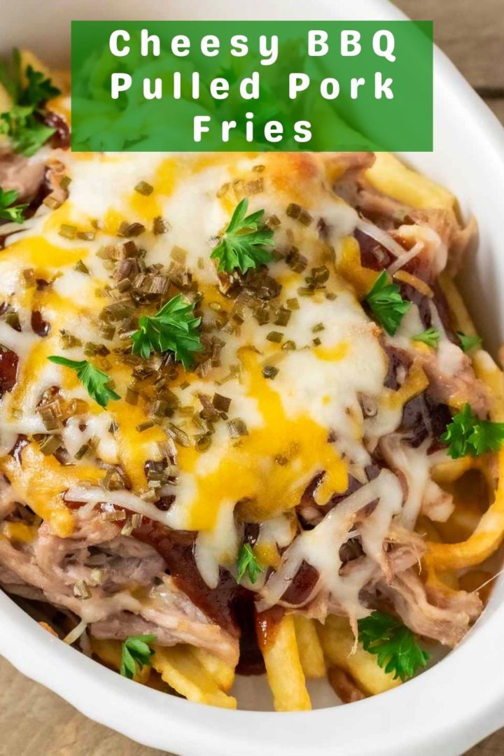 cheesy bbq pulled pork fries in a baking dish.