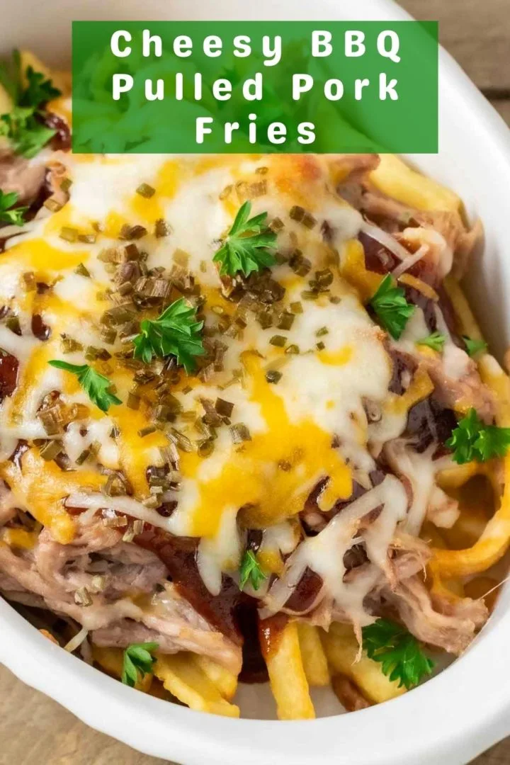 cheesy bbq pulled pork fries in a baking dish.