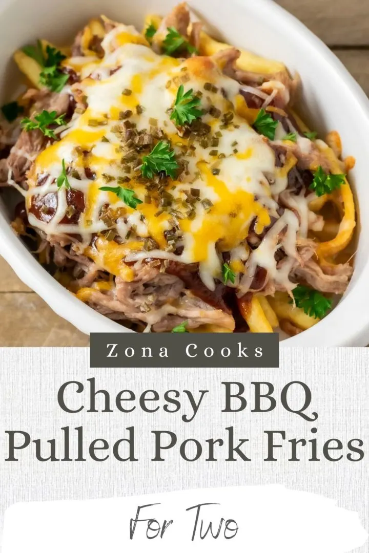 cheesy bbq pulled pork fries in a baking dish.