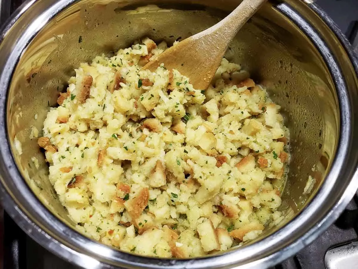 stuffing cooking in a pan.