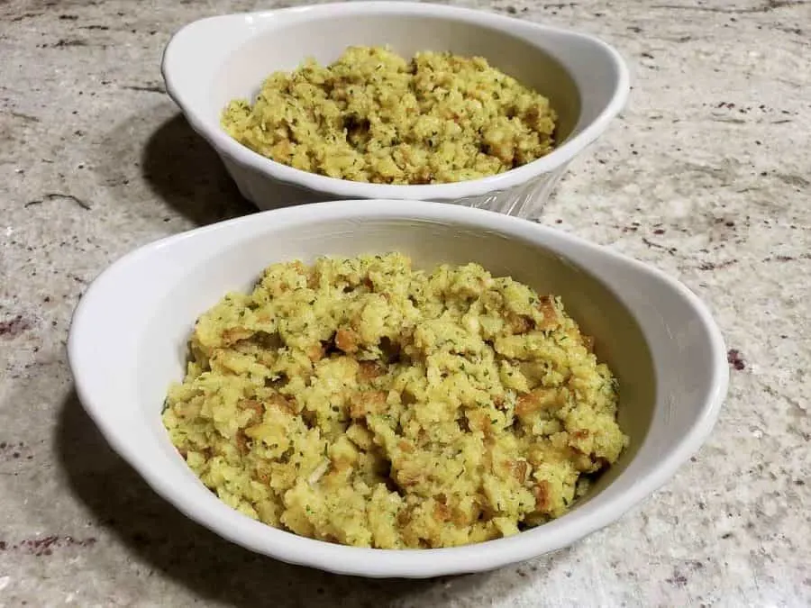 stuffing in two casserole baking dishes.