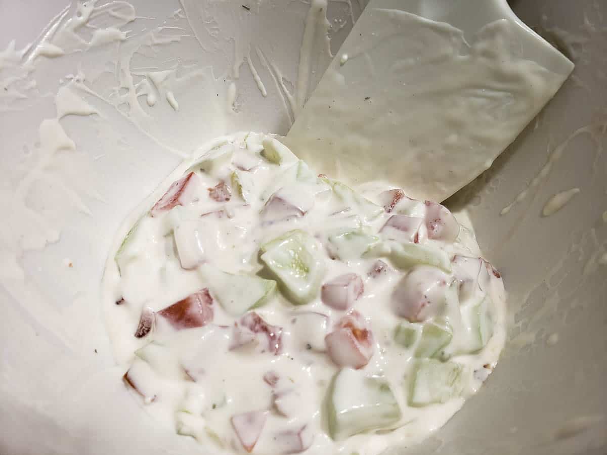 Ranch, tomato, and cucumber dressing mixed in a bowl