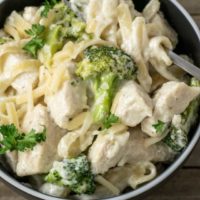 Chicken Fettuccine Alfredo with Broccoli in a bowl with a fork.