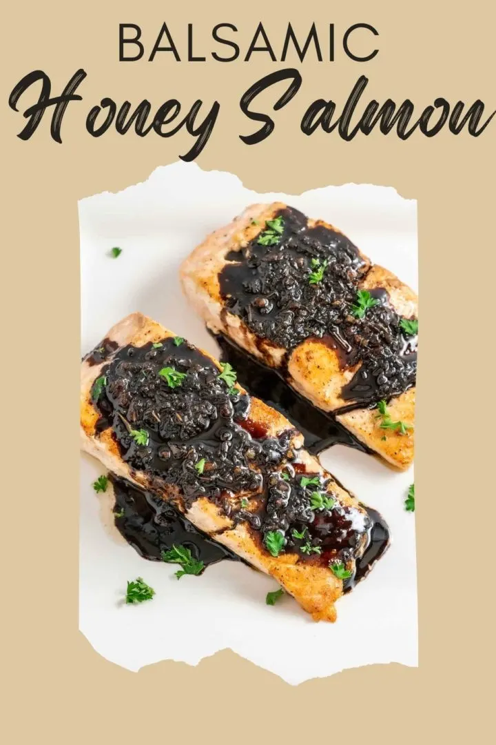Honey Balsamic Glazed Salmon on a square white plate.