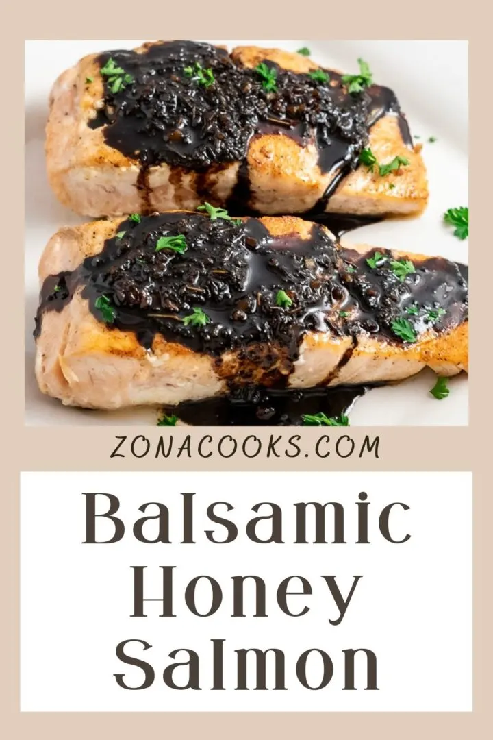 Honey Balsamic Glazed Salmon on a square white plate.