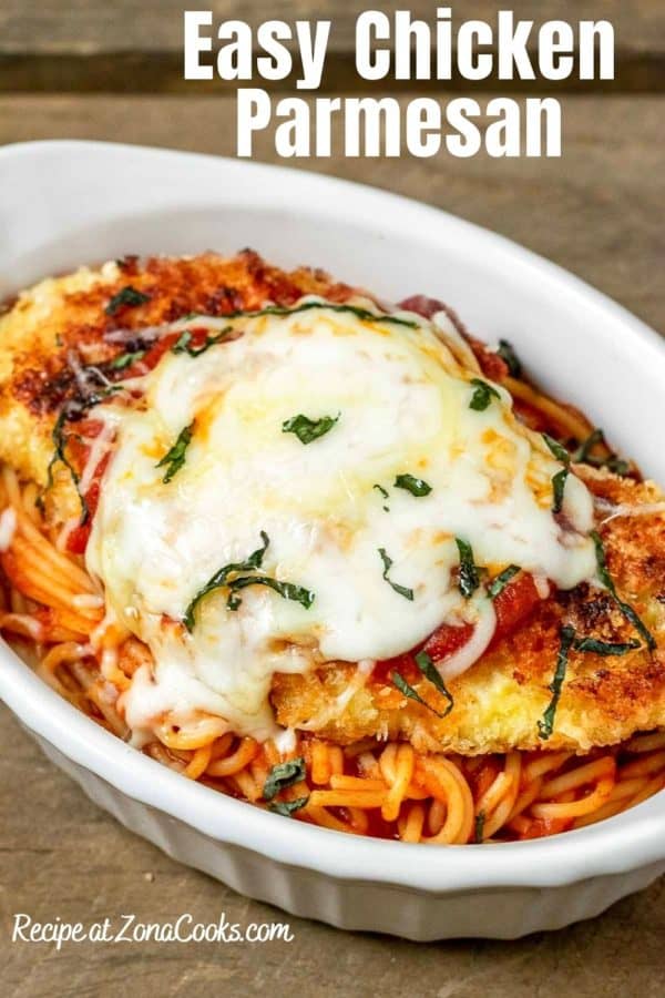 a graphic of best ever chicken parmesan in a white dish
