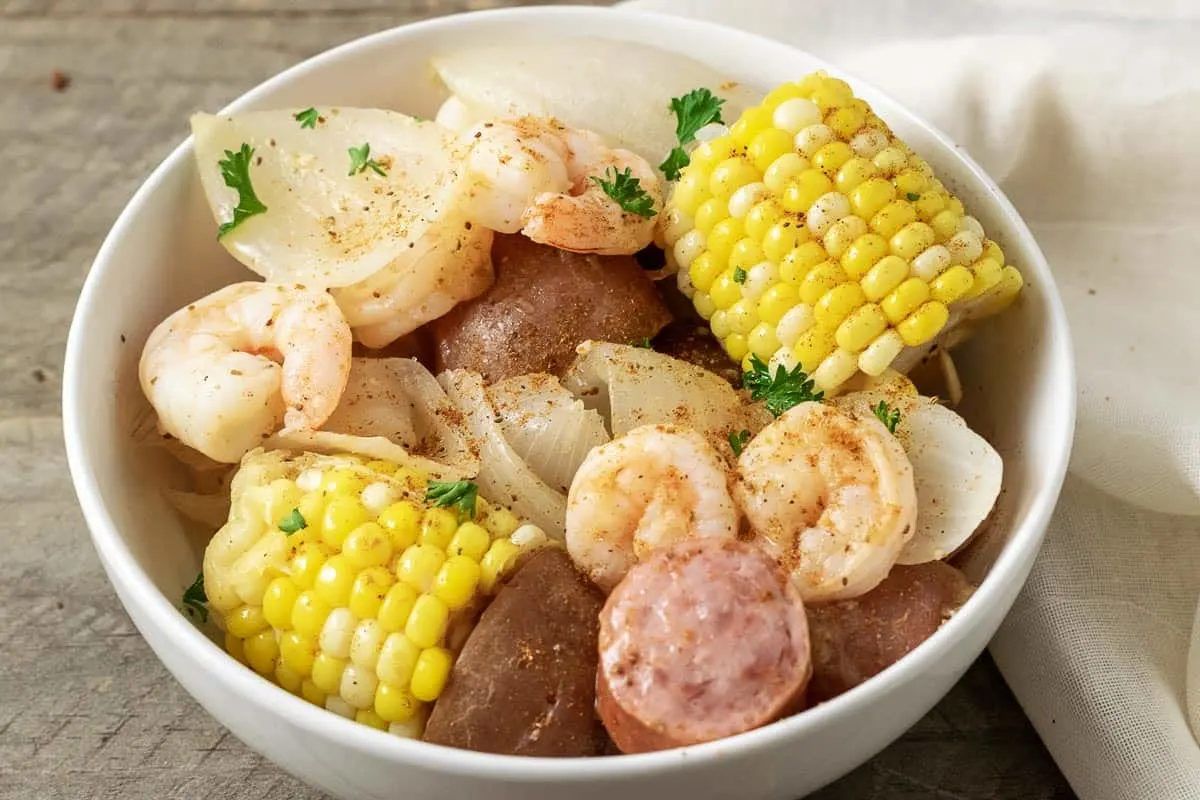 Ultimate Seafood Boil in a white bowl.