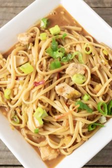 Chicken and Noodles in Thai Peanut Sauce in a square white bowl