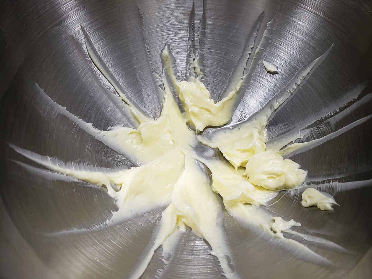 butter creamed in a mixing bowl.