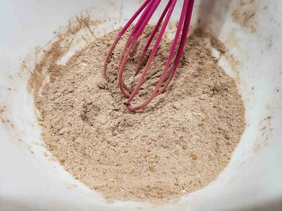 flour and cocoa powder mixture whisked in a bowl.