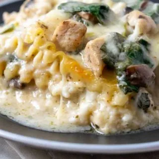 a plate with a large square of lasagna filled with lasagna noodles, spinach, chicken, cottage cheese, and mushrooms in a white creamy sauce