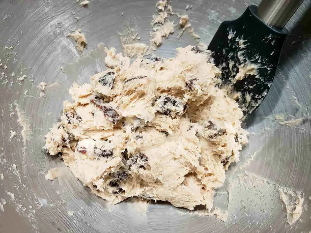 cinnamon raisin scone dough mixed in a bowl