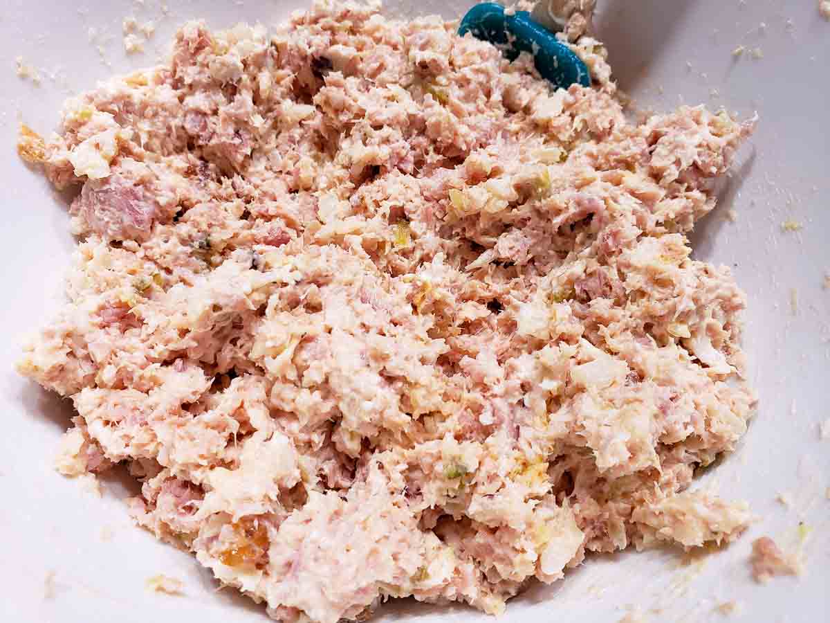 homemade ham salad spread mixed together in a bowl