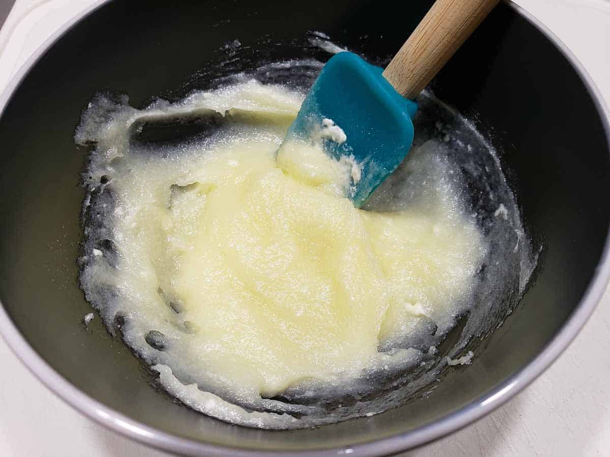 softened cream cheese and sugar mixed in a bowl.
