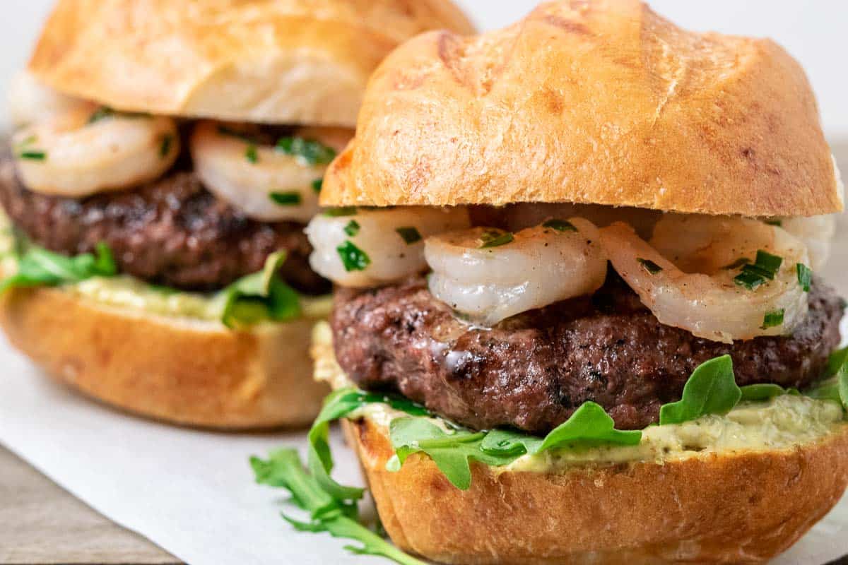 two sirloin burgers with shrimp.
