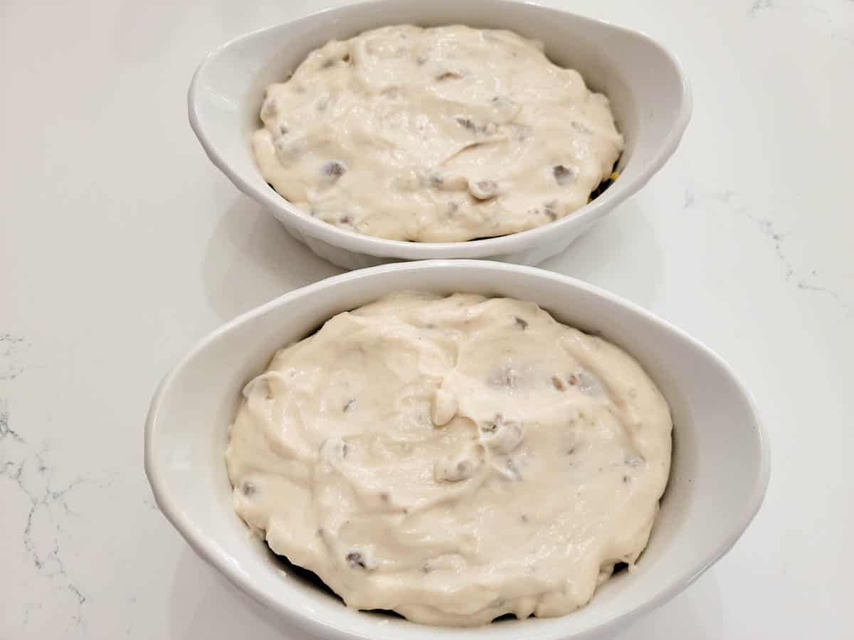chicken and stuffing topped with cream of mushroom mixture.