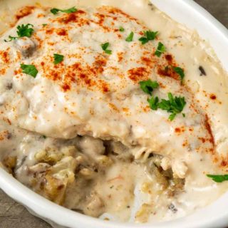 Chicken with stuffing casserole in a baking dish.