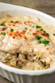 Chicken & Stuffing Casserole in a baking dish.