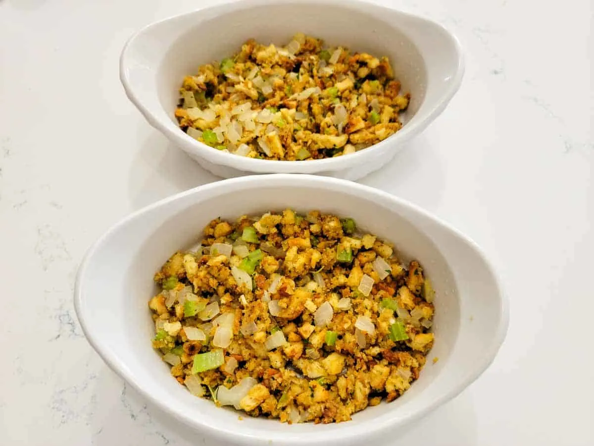 homemade stuffing in two casserole dishes.