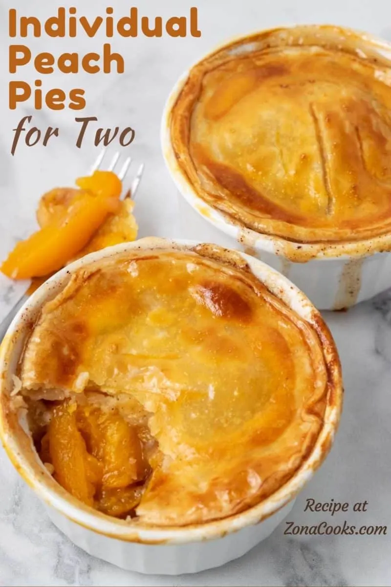 two individual Peach Pies in ramekin dishes.